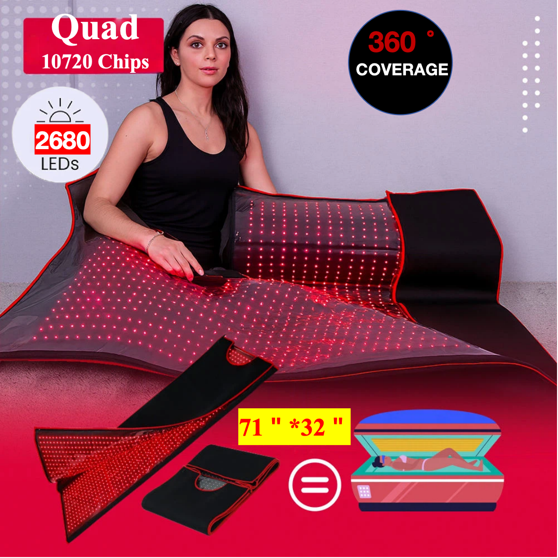 AQSHE 2680 LED 10740 Quad Chip Dual Wavelength Red Light Therapy Blanket Pod Full Body 4 in 1 Near-Infrared Pod Pulse Irradiance
