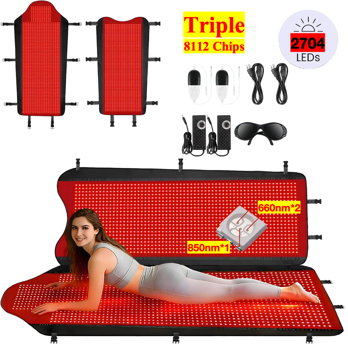 AQSHE 2704 Triple LED 8112 Chip Dual Wavelength Medical-Grade TPU Red Light Therapy Mat for Full Body Infrared Red Light Blanket