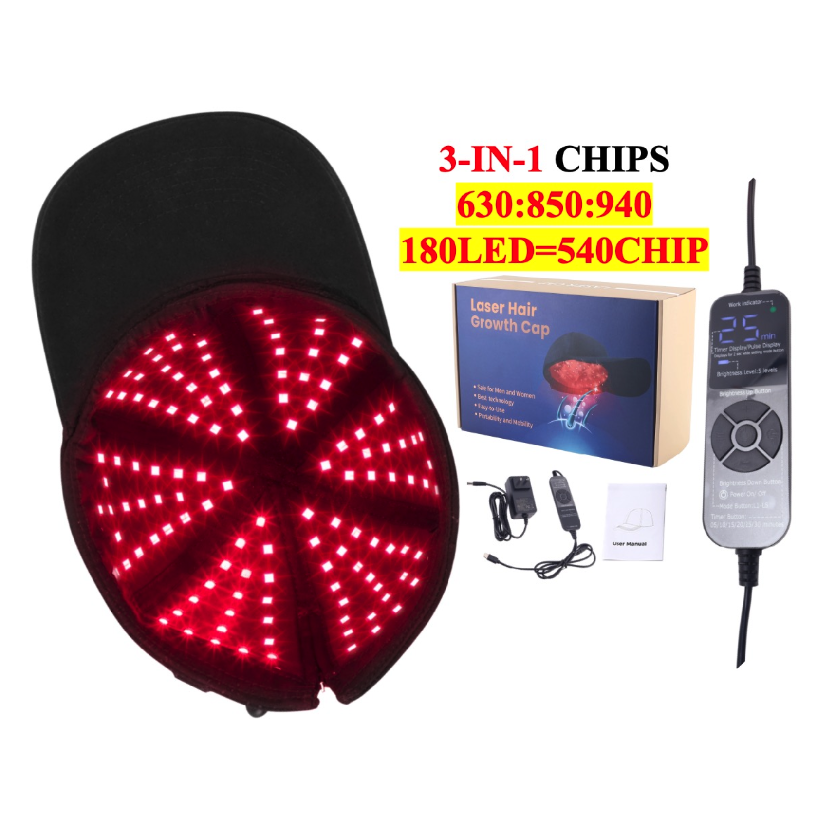 AQSHE 180 Leds 540 Chips 660nm 850nm 940nm 3 Chips Red Light Therapy Cap for Hair Growth Infrared Care Helmet for Hair Regrowth